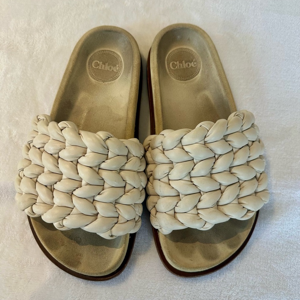 Chloé Cream Braided Leather Slide Sandals